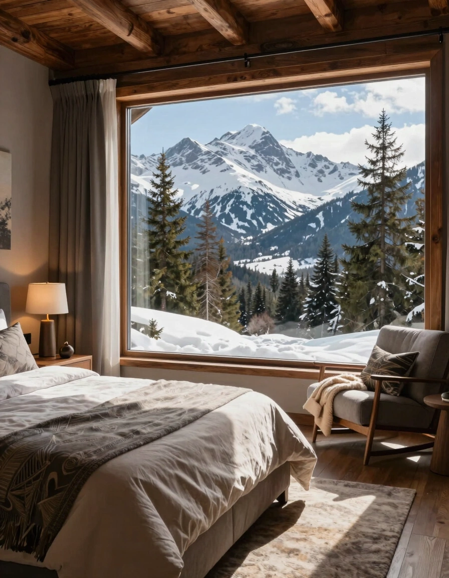 A cozy bedroom with a large window offering a breathtaking view of snow-covered mountains and trees.