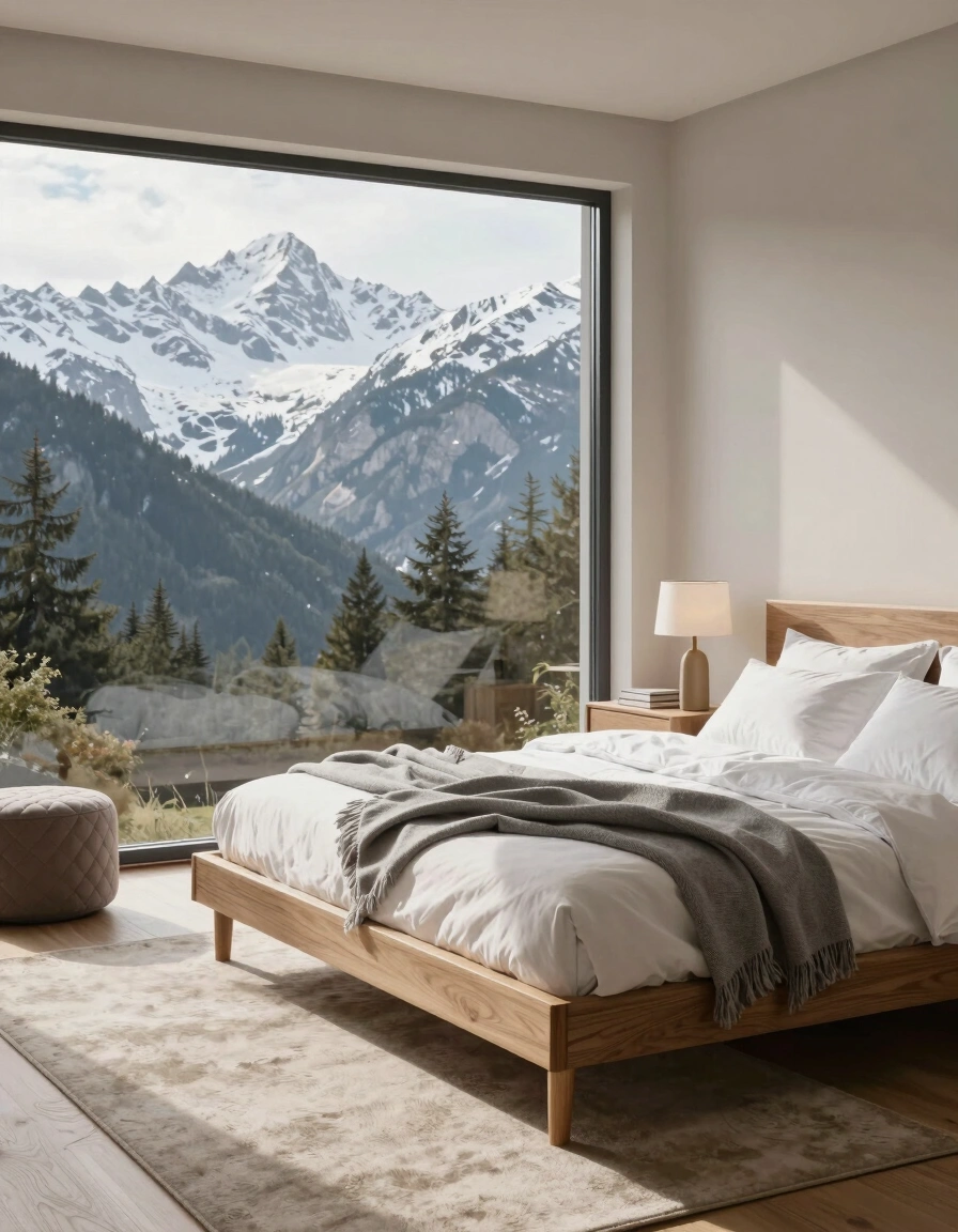 A peaceful bedroom with a large window showing snow-covered mountains and trees, a simple wooden bed, and a round ottoman on a beige rug.