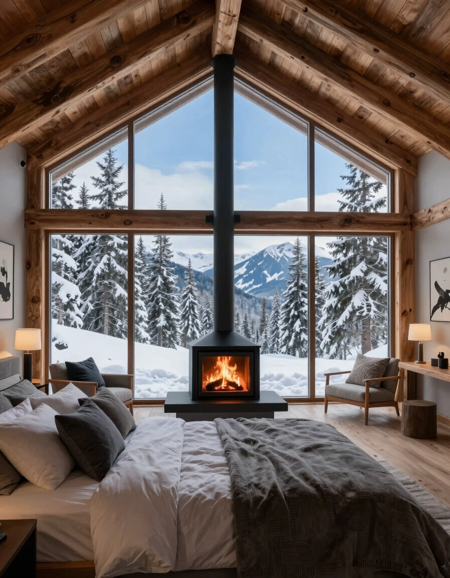 A serene mountain lodge bedroom featuring a vaulted wooden ceiling, large window with snowy forest view, modern fireplace, and plush bedding in gray and white tones.