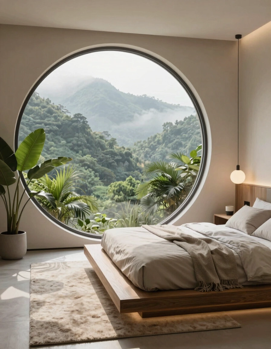 A serene bedroom with a large circular window overlooking mountains and greenery, featuring a minimalist bed and natural decor.