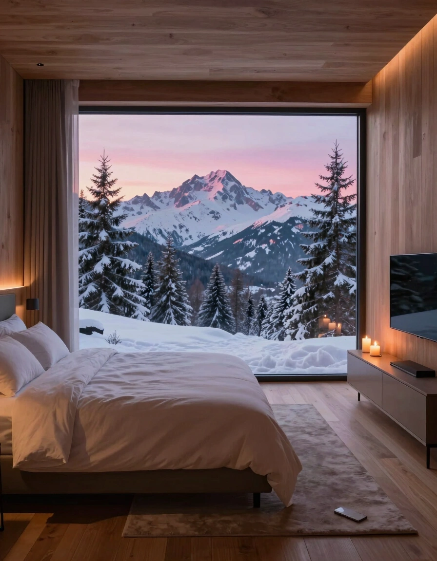 A peaceful bedroom with a large window showing snowy mountains and trees at dusk, warmly lit with a cozy bed and minimalist decor.