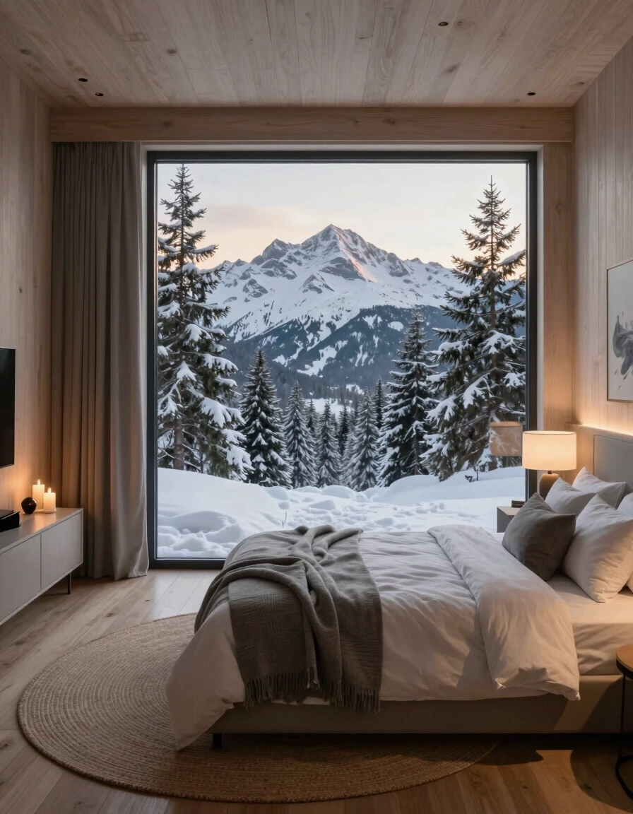 A cozy bedroom with a large window showing a snowy mountain landscape and trees, featuring a minimalist bed and soft lighting.