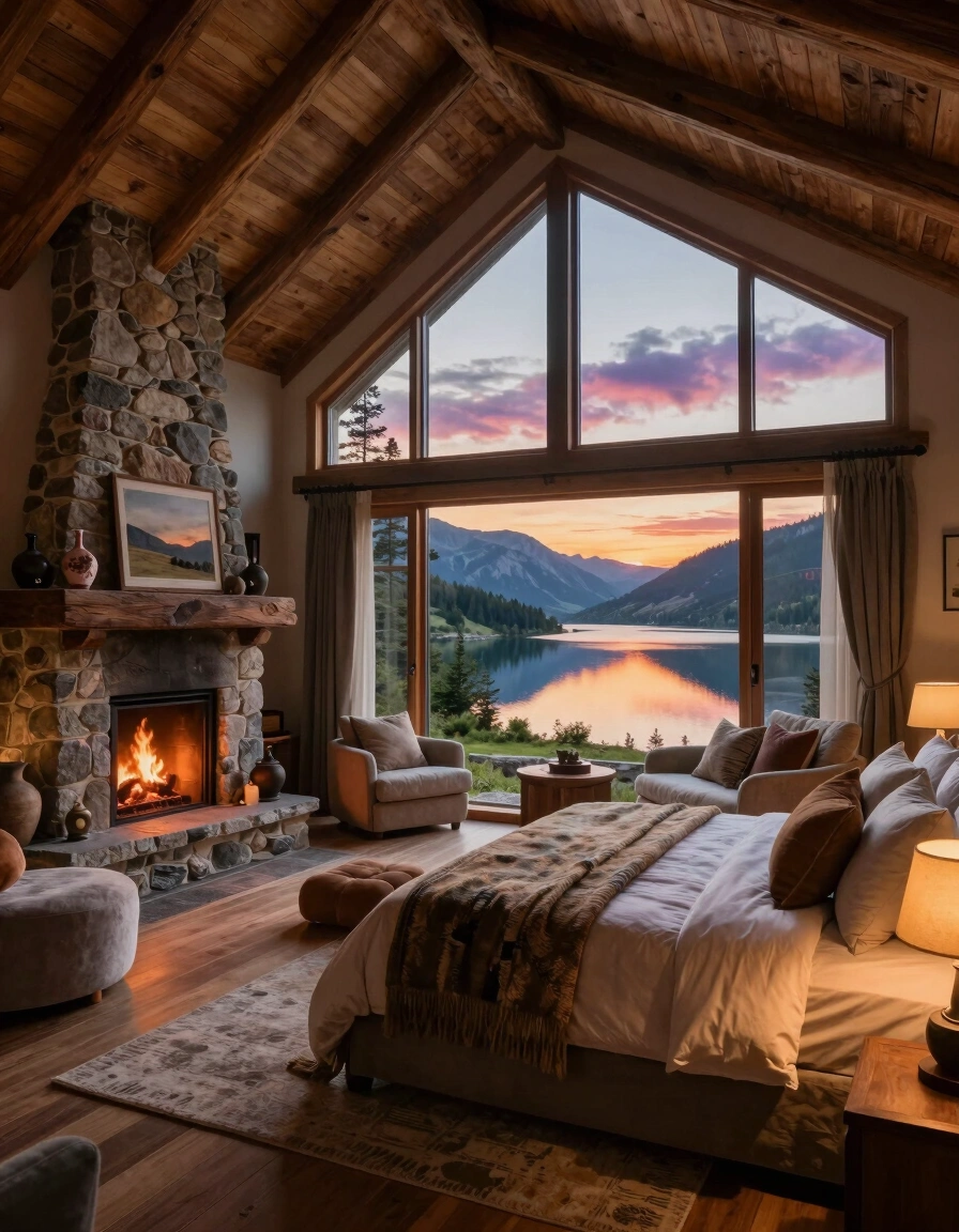 A serene bedroom with a stone fireplace, wooden ceiling, and large windows overlooking a lake and mountains at sunset.