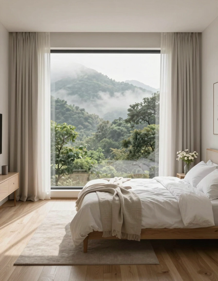 A peaceful bedroom with a large window showing a misty mountain landscape, minimalist decor, and a focus on natural beauty.