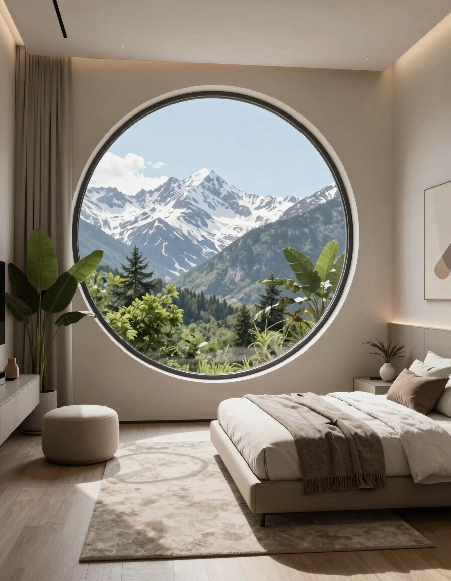 A modern bedroom with a circular window showing mountains and trees, featuring a minimalist beige bed and abstract wall art.