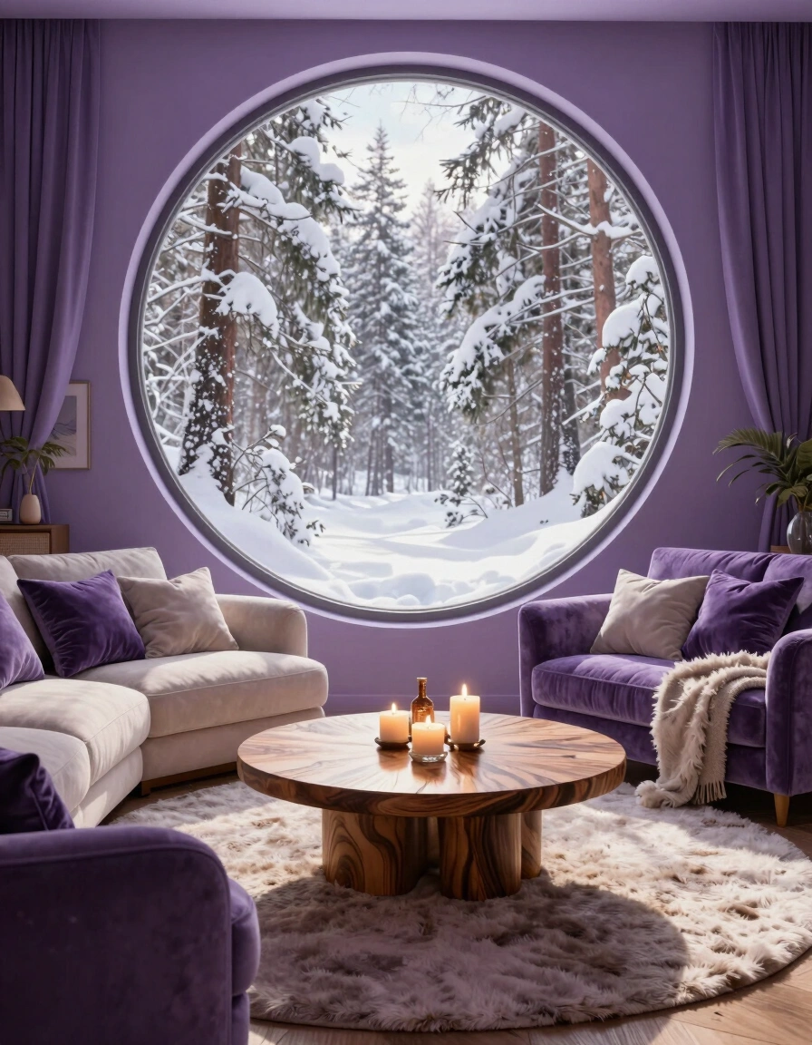 A peaceful living space with purple walls, circular window, and snowy trees outside.