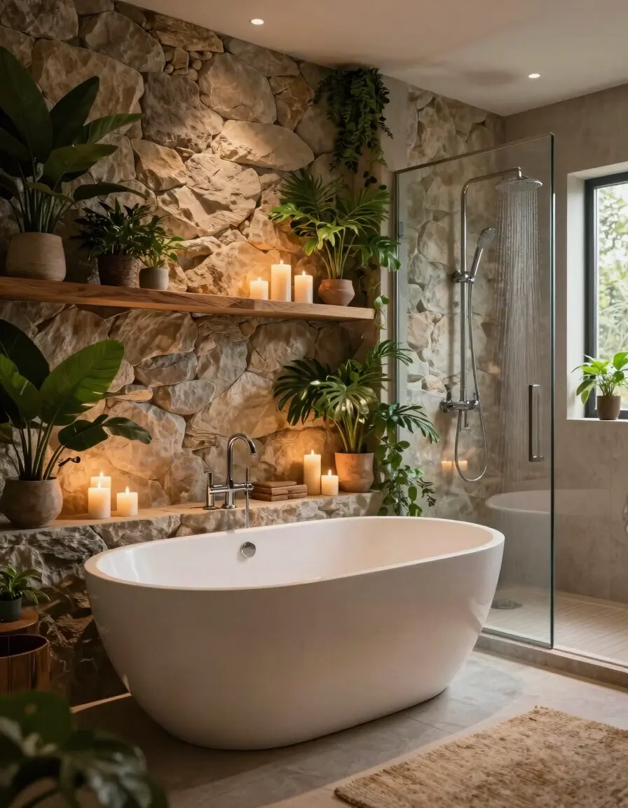 Rustic bathroom with freestanding tub, greenery, and natural textures, featuring soft candlelight and wooden accents.