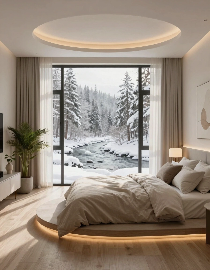 A peaceful bedroom with a circular bed platform and a large window showing a snowy forest and river.