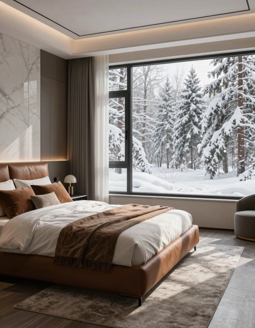 Modern bedroom with brown leather bed, white bedding, and marble accents, overlooking a snowy forest.