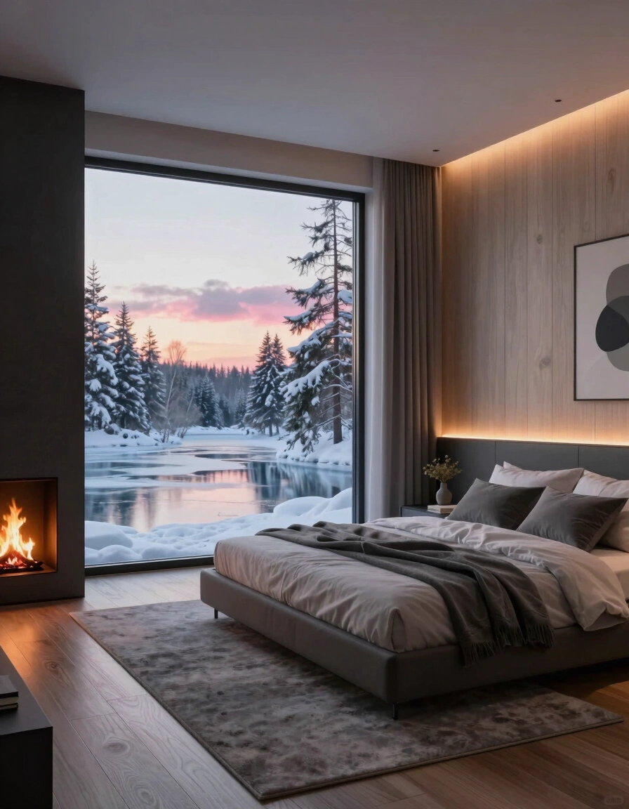 A modern bedroom with a large window showing a snowy forest and frozen lake at sunset, featuring a gray bed, gray rug, and a fireplace.