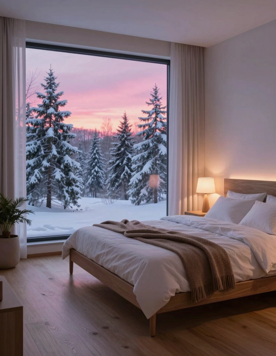 A serene bedroom with a large window showing a snowy forest at dusk, featuring a minimalist wooden bed and cozy white bedding.