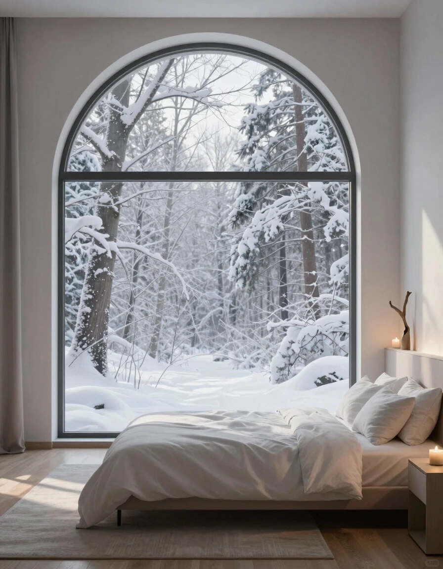 A serene bedroom with a large arched window, white bed, and snow-covered trees outside.
