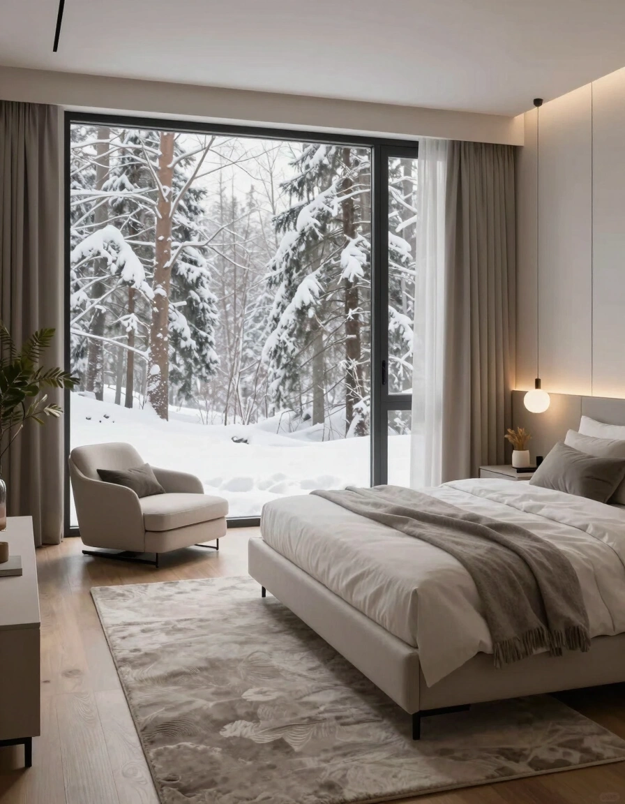 Modern bedroom with snow-covered forest view, white bed, and chaise lounge