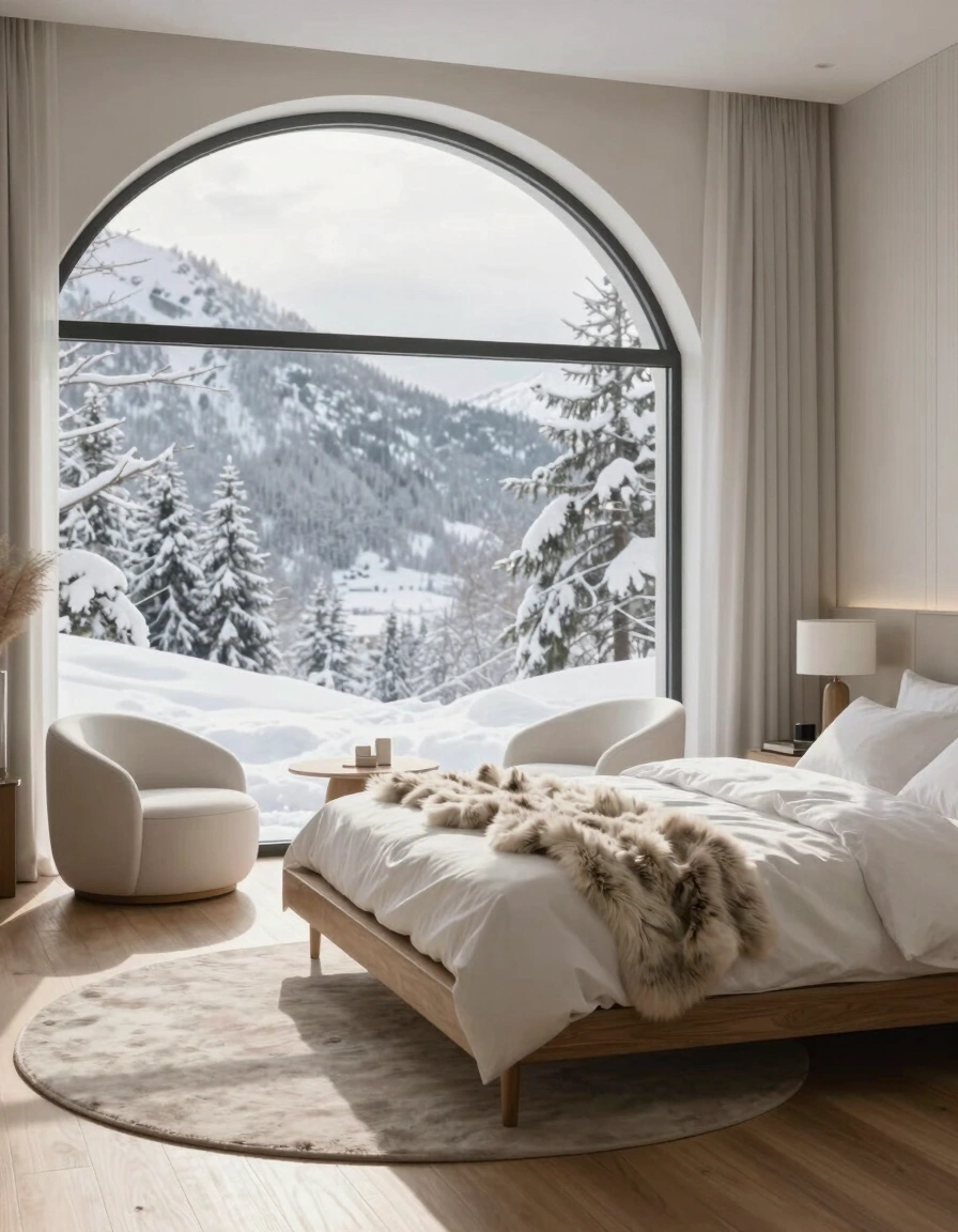 A peaceful bedroom with a large arched window, wooden bed, white bedding, faux fur throw, and rounded white chairs, set against a snowy landscape.