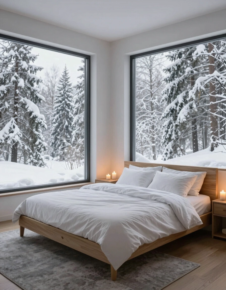 A peaceful bedroom with a large bed and snowy forest view through two large windows.