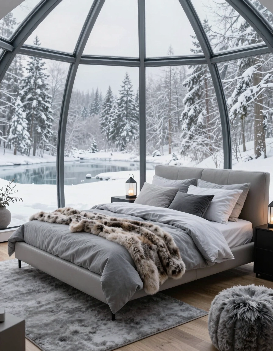 A peaceful bedroom with a large dome-shaped glass roof, gray bedding, and a faux fur throw blanket, surrounded by a snowy forest and a frozen lake.