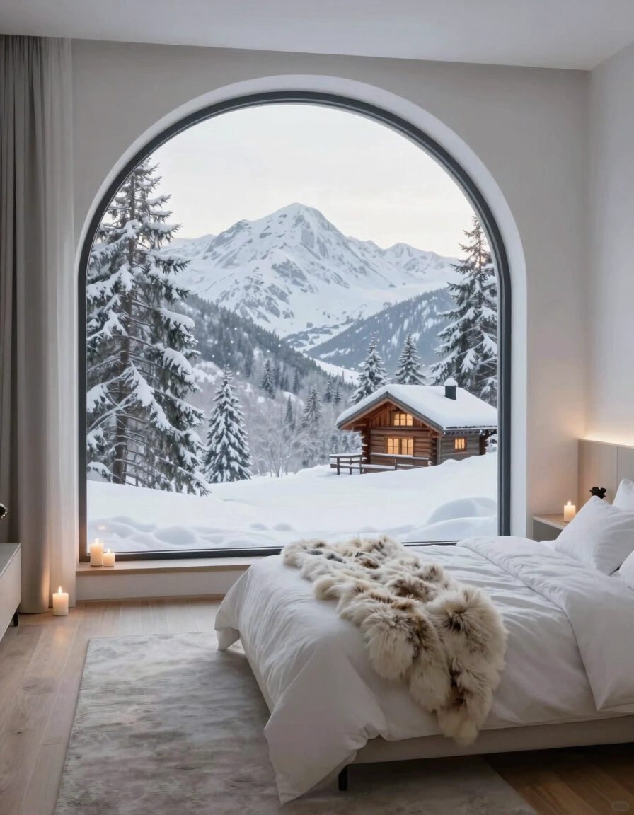 A tranquil bedroom with a large arched window showing a snowy landscape and a wooden cabin.