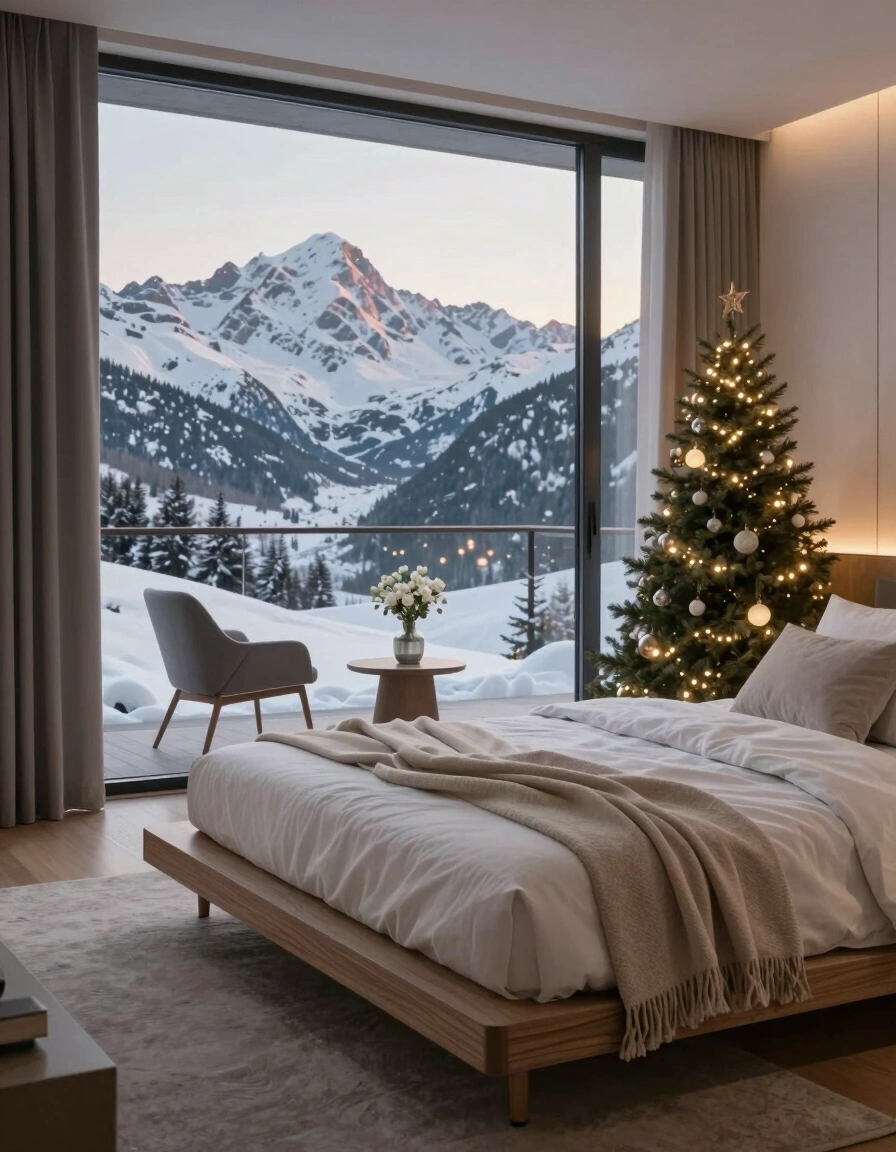 Cozy bedroom with snowy mountain view, minimalist decor, and Christmas tree.