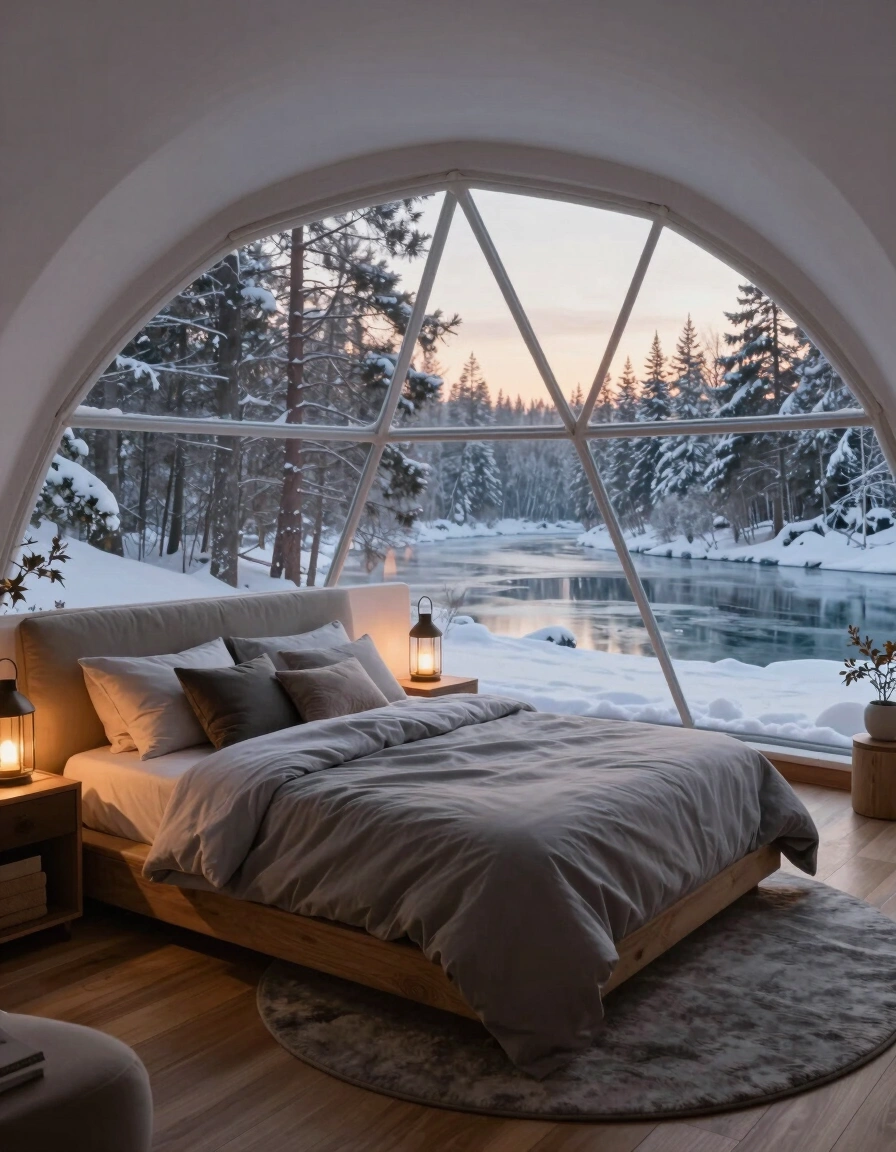 A peaceful bedroom with a large geodesic dome window showing a snowy forest and lake at dusk.