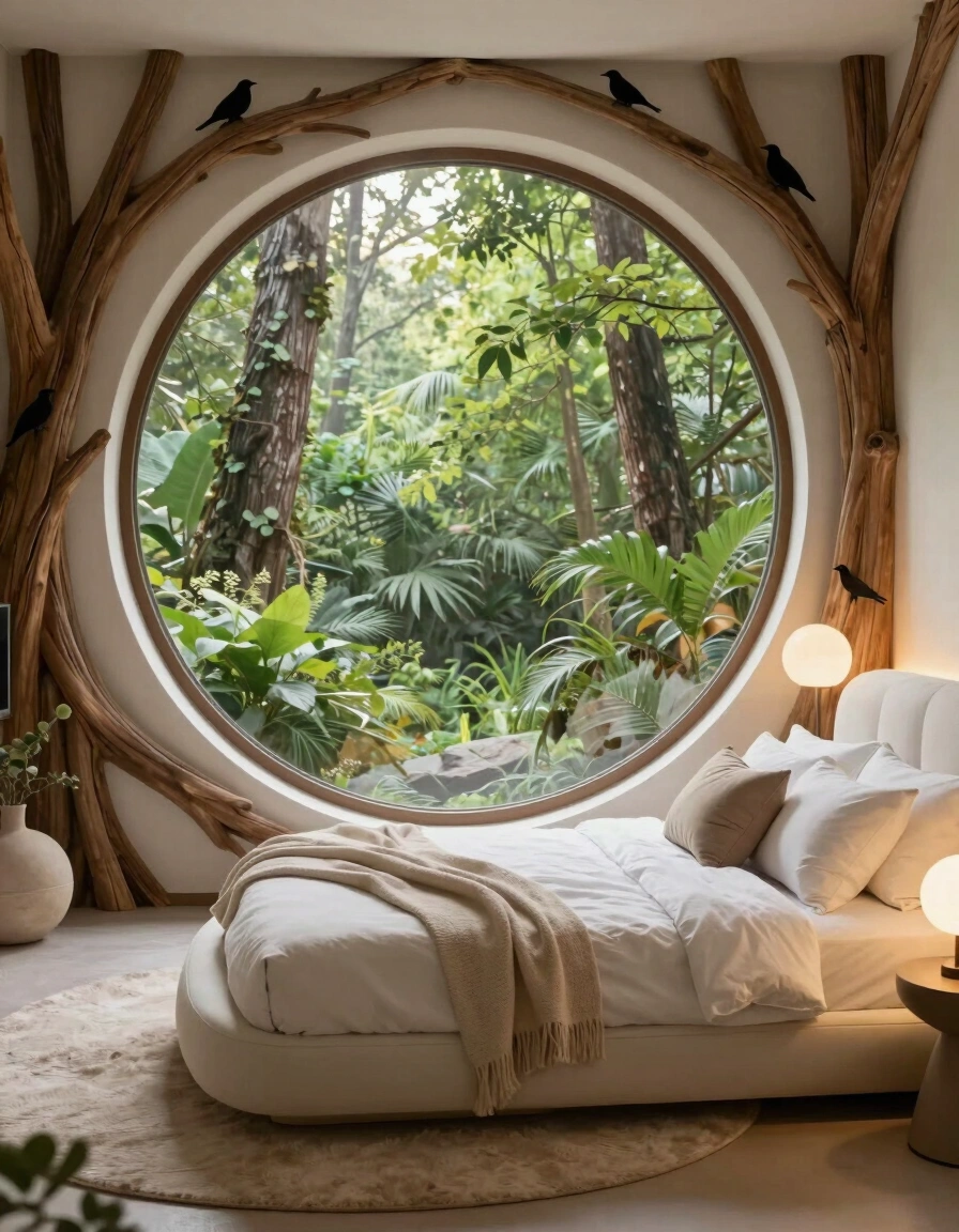 A peaceful bedroom with a large round window, wooden tree-like arches, and a white circular bed, surrounded by natural elements and bird silhouettes.