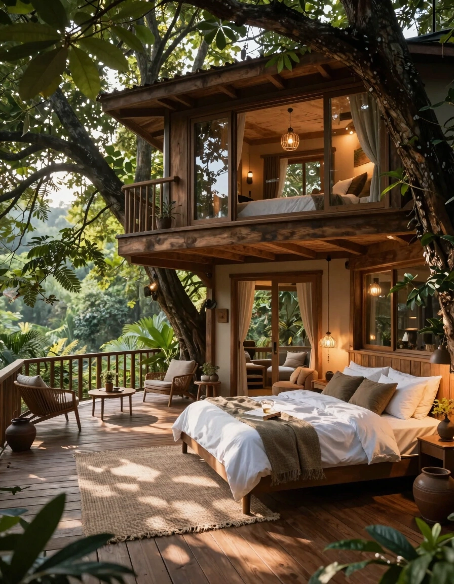 A serene treehouse bedroom with a wooden deck and a bed adorned with white linens, surrounded by lush greenery and warm lighting.