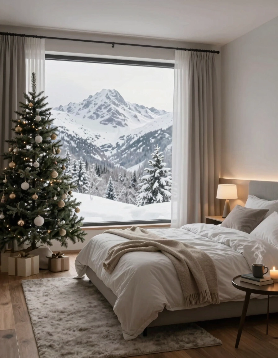 A peaceful winter bedroom scene with a large window, decorated Christmas tree, and cozy bed, surrounded by a serene snowy landscape.