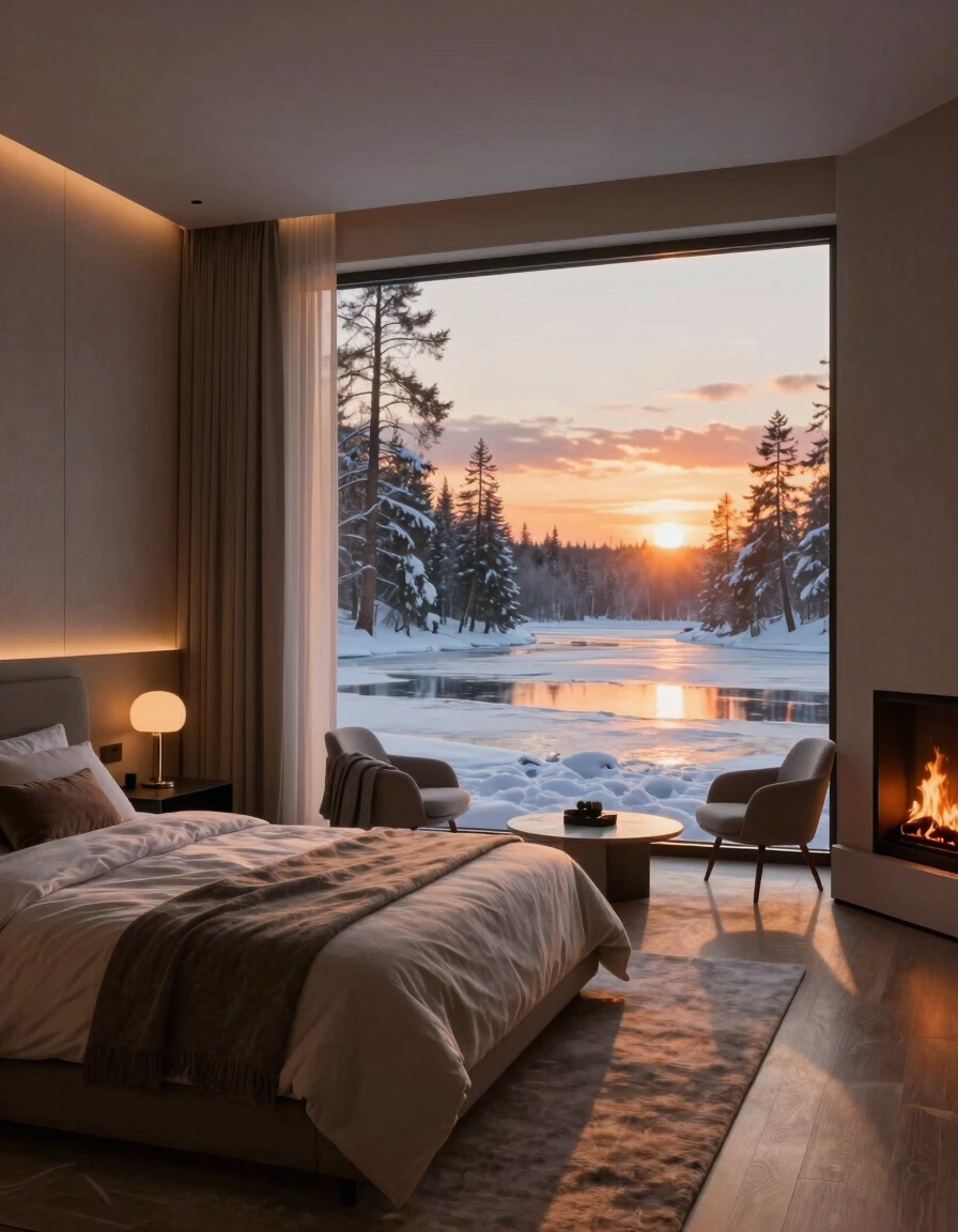 A peaceful bedroom with a large window showing a snowy landscape and a fireplace