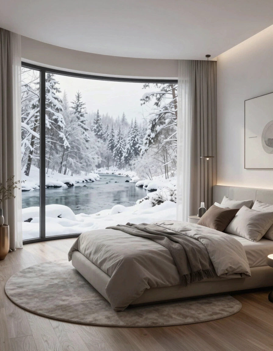 A modern bedroom with a circular bed and a large curved window showing a snowy forest and river.