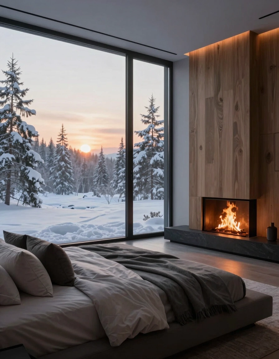 Modern bedroom with large window, gray bed, fireplace, and wooden wall with ambient lighting, overlooking a snowy forest and frozen lake at sunrise.
