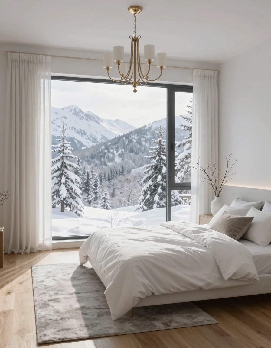 A serene bedroom with a large window showing a snowy landscape, a white bed, and a chandelier.