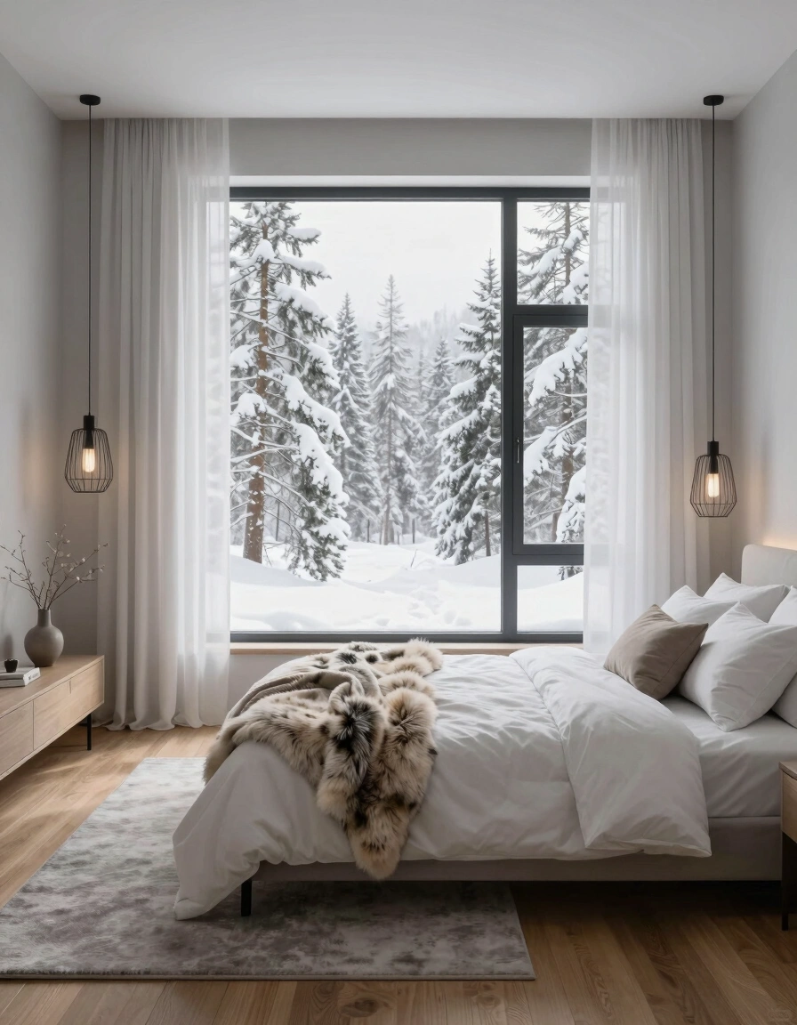 A serene bedroom with a large window showing snow-covered trees, a bed with white linens and faux fur throw, and pendant lights with wire cages.