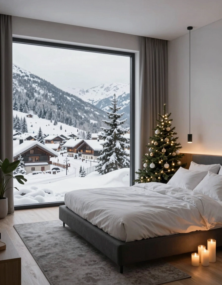 Modern bedroom with large window, Christmas tree, and snowy mountain view