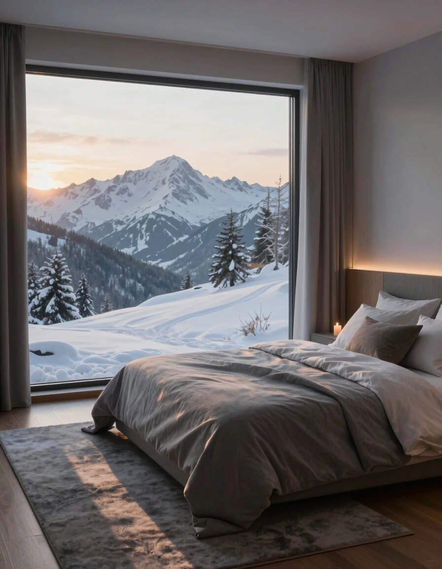 A peaceful bedroom with a large window showing snowy mountains at sunrise, a minimalist bed, and soft lighting.