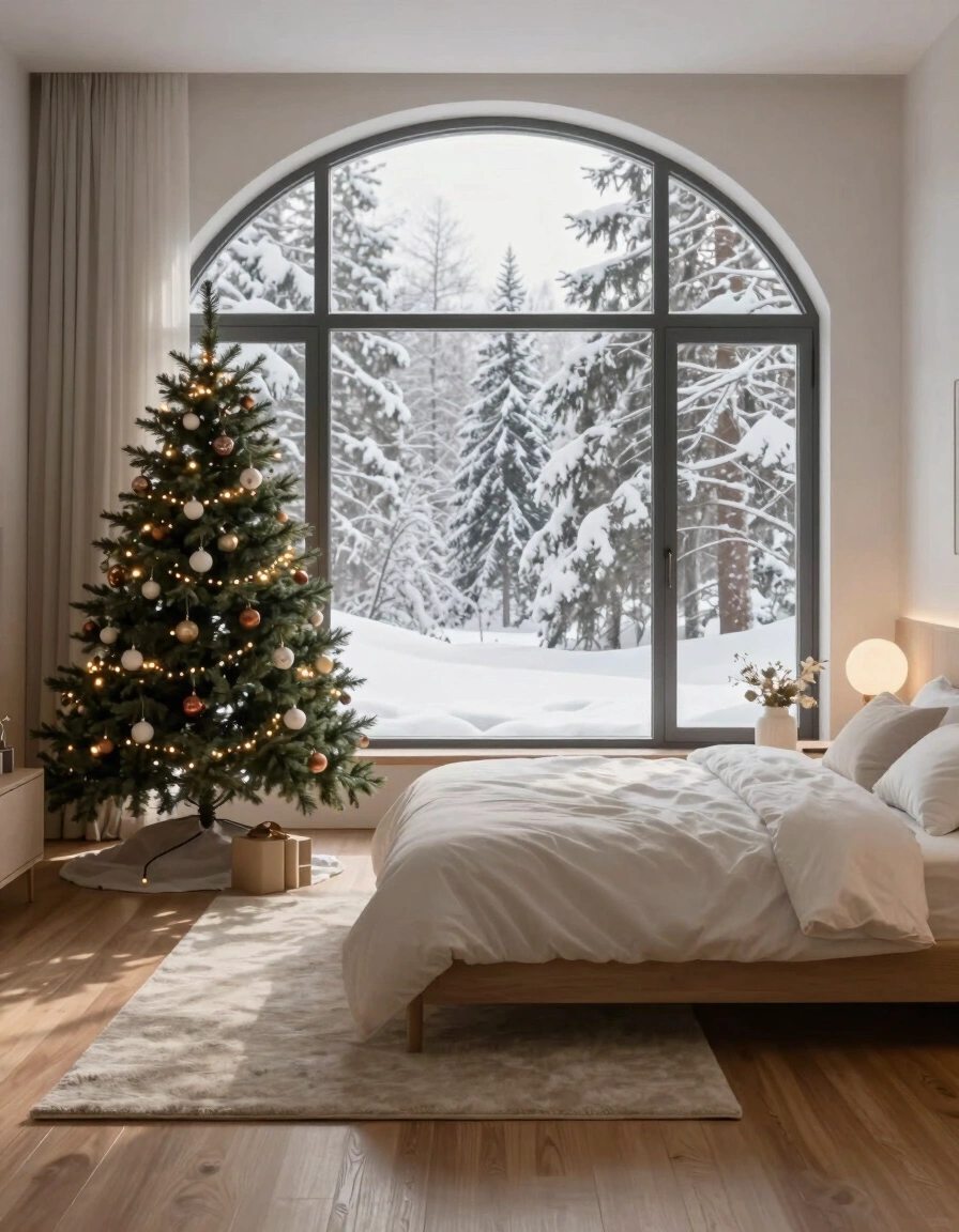 A cozy bedroom with a large window showing a snowy forest, a Christmas tree, and a comfortable bed with white linens and round lamps.
