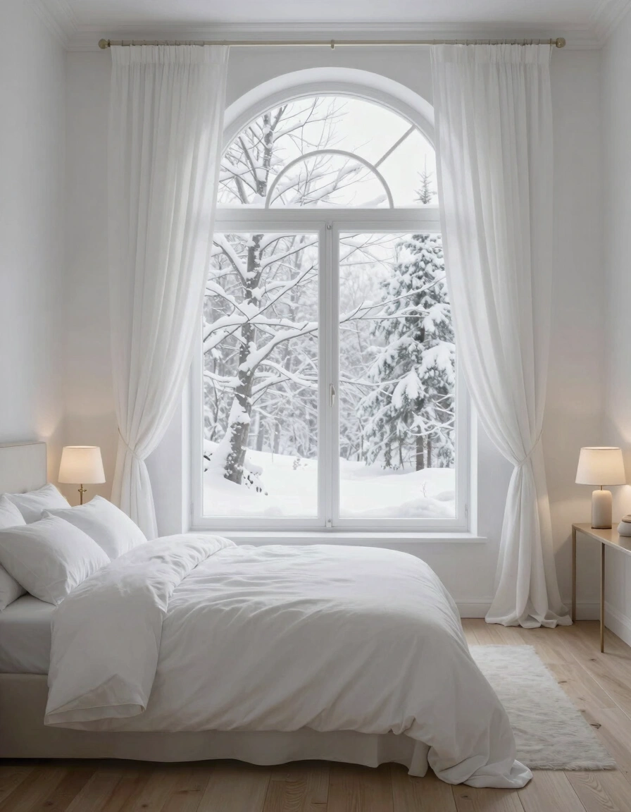 A serene bedroom with a large arched window showing a snowy landscape, white bedding, and soft lighting.