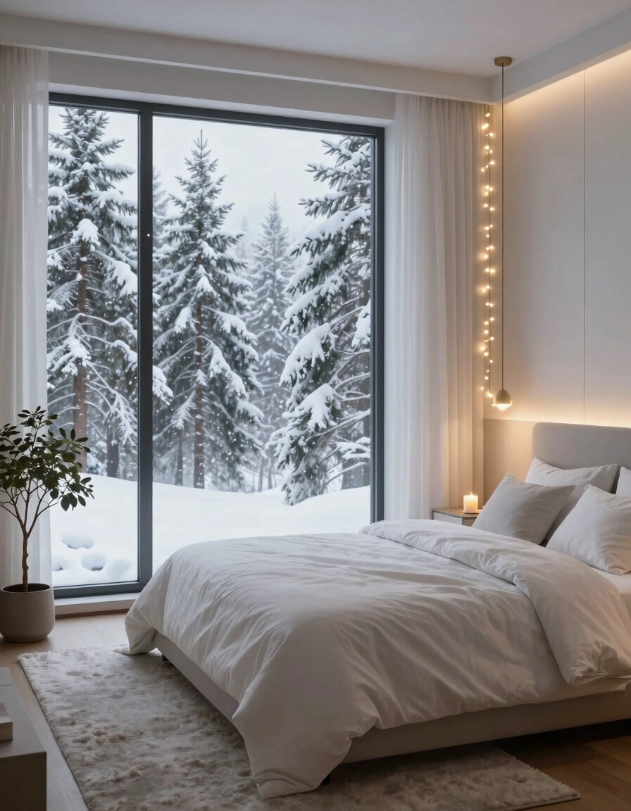 Cozy winter bedroom with snow-covered trees outside the window, white curtains, and warm lighting.