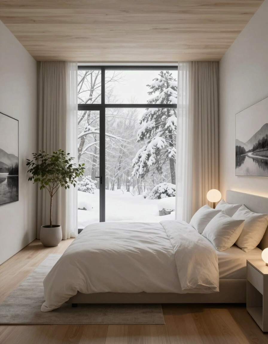 A peaceful bedroom with a white bed, nightstand, and sheer curtains, surrounded by snowy trees outside the window.