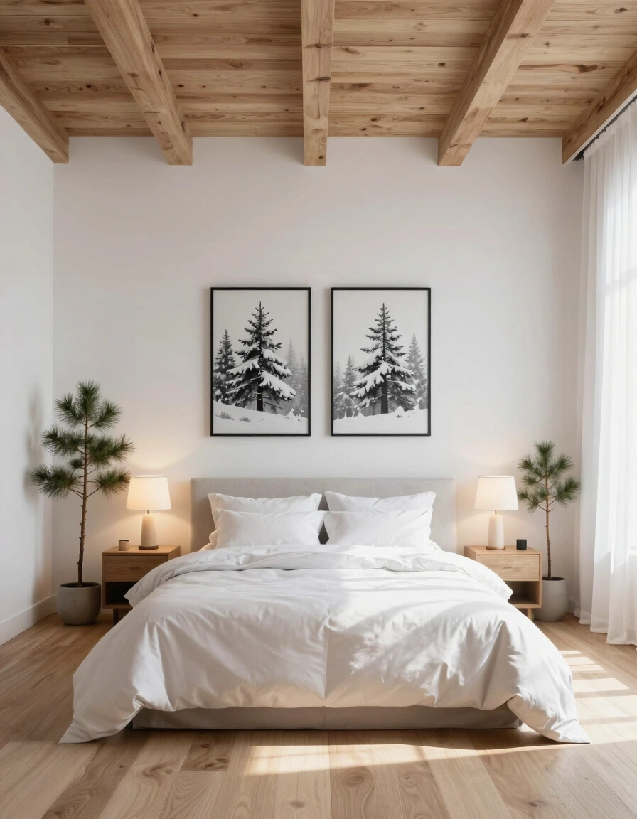 A serene bedroom with a white bed, wooden ceiling, and pine tree artwork, surrounded by natural light and a calming ambiance.