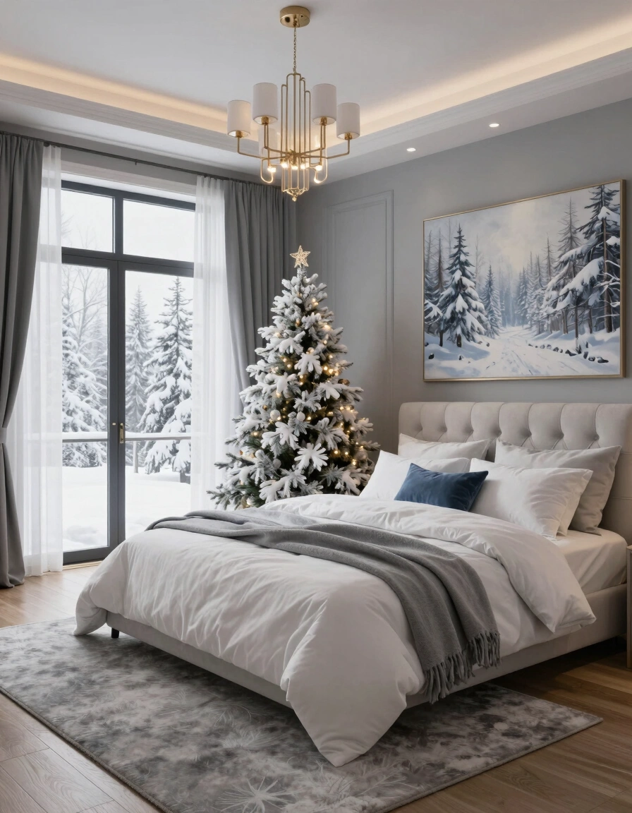 A cozy winter bedroom with a large bed, snow-covered Christmas tree, and a modern chandelier, surrounded by gray walls and light-colored wood flooring.
