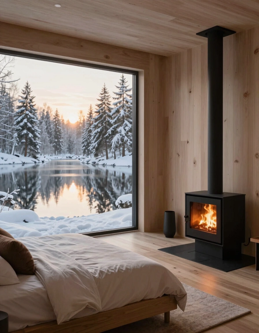 A cozy bedroom with a large window showing a snowy forest and lake, featuring a wooden bed and modern stoves.