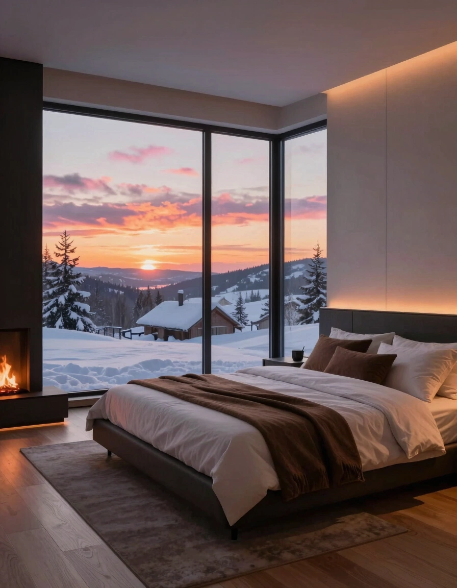 Modern bedroom with large corner window, minimalist bed, and fireplace, overlooking a snowy landscape at sunset.