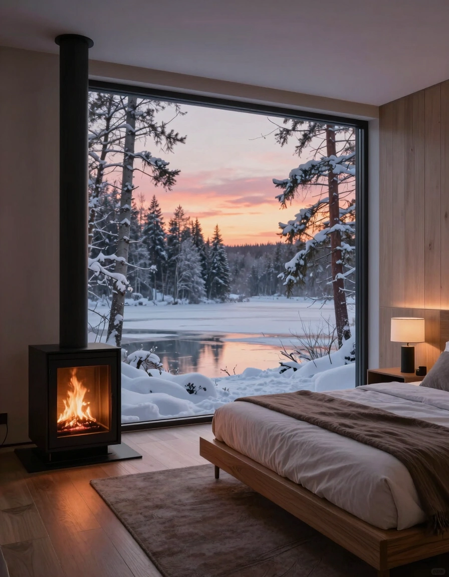 A serene bedroom with a modern fireplace and a large window showing a snowy forest and lake at sunset.