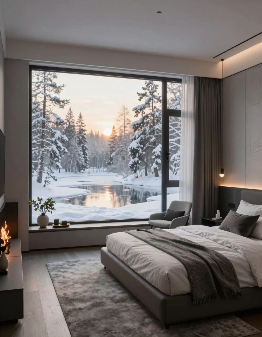 A modern bedroom with a large window showing a snowy forest and lake at sunrise, featuring a minimalist design with a gray and white color scheme and natural materials.