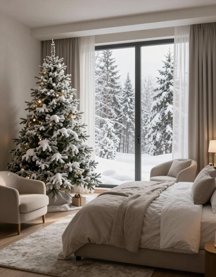 A peaceful winter bedroom with a snow-covered Christmas tree, neutral decor, and a large window showcasing a snowy forest landscape.