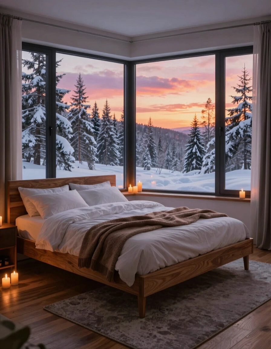 A serene bedroom with a large bay window showing a snowy forest at sunset, a minimalist wooden bed with white bedding and brown throw blanket, surrounded by candles on the windowsill and floor.