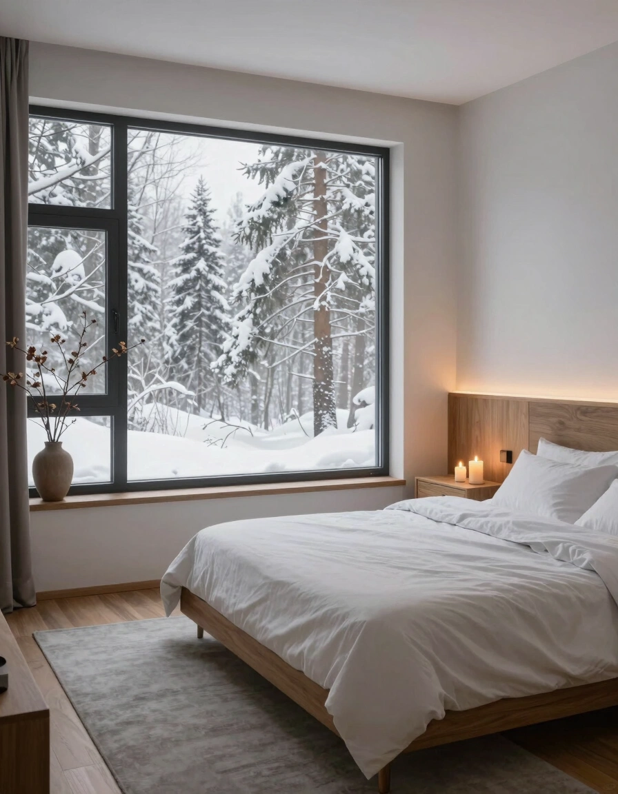 A peaceful bedroom scene with a large window showing a snowy forest, a bed with white linens, and a nightstand with lit candles.