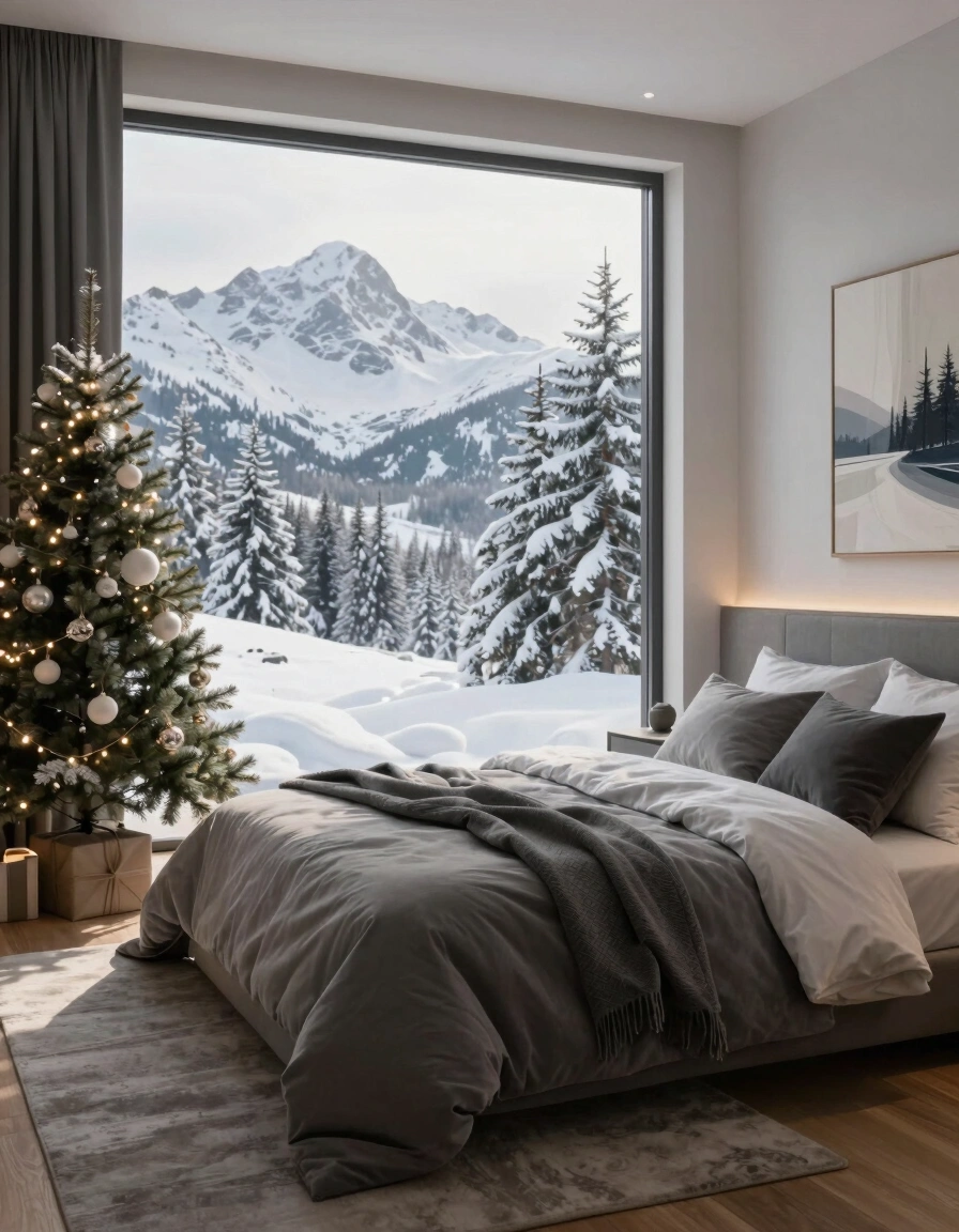 A cozy bedroom with a large window showing snowy mountains, a bed with gray bedding, and a small lit Christmas tree.