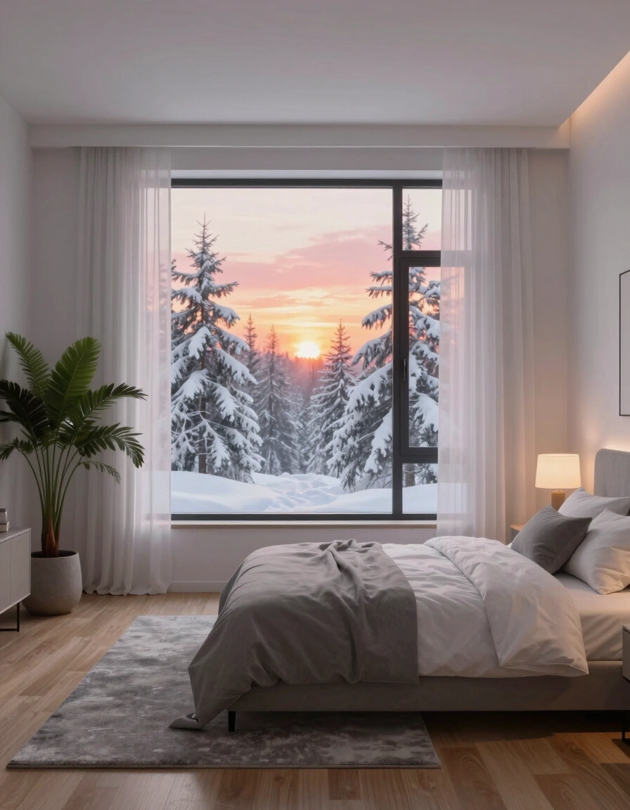 A serene bedroom with a large window showing a snowy forest at sunset, decorated in a minimalist style with a gray bed and white linens.