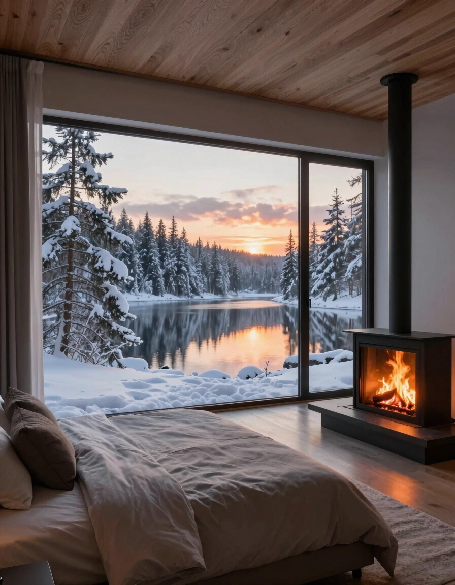 A cozy bedroom with a large window showing a snowy forest and lake at sunset, a minimalist bed, and a modern fireplace.