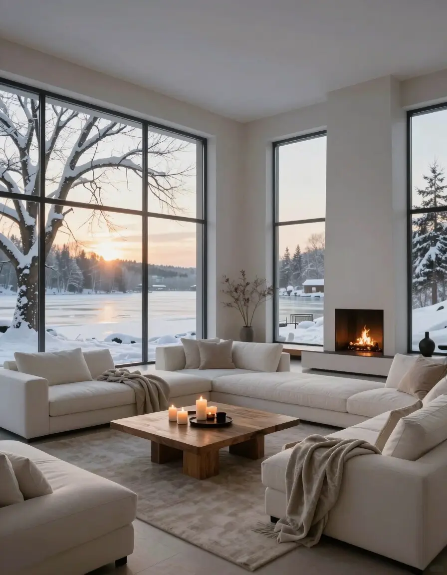 A modern living room with a white sofa, circular fireplace, and large windows showing a snow-covered tree and frozen lake at sunset.
